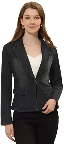 Allegra K Veste blazer en jean délavé à manches longues et revers crantés pour femmes Noir M