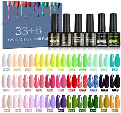 SHOWNAIL 39 Pcs Pintauñas Semipermanentes, 33 Colores Esmalte para Uñas, Gel UV LED con Base, Top y Mate, Cat Eye, Glowing Coat, Colores Populares Navidad de Año Nuevo