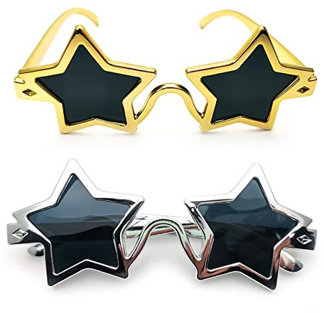TSHAOUN 2 Stück Sternförmige Sonnenbrille, Pentagramm-Sonnenbrille Stern, Neuartige Party Sternförmige Brille, Fotoautomaten Requisiten, Kostüm Hippie Kostümzubehör. (Gold Silber)