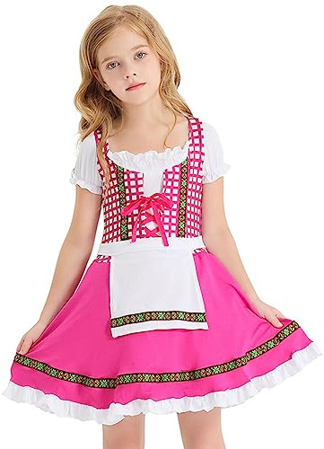 IMEKIS Oktoberfest Girls: Dirndl Dresses Kids Traditional German Bavarian Beer Maid Apron Toddler Octoberfest Outfits Party Festival Dark Pink 8-9 Years