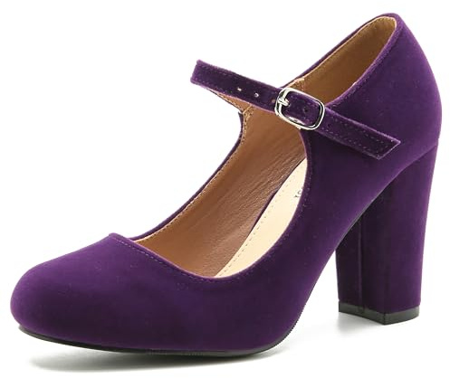 MAIERNISI JESSI Women's Mary Jane Heels Closed Toe Block Heel Round Toe Chunky High Heel Pumps, Velvet Purple, 7 UK