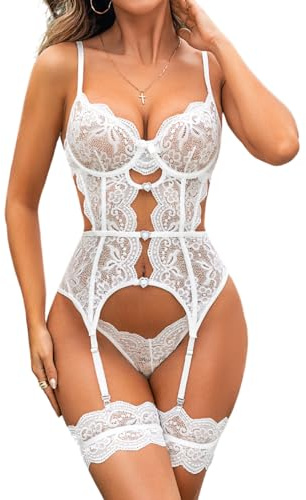 EVELIFE - Set di lingerie da donna sexy con reggicalze, body in pizzo, biancheria intima Teddy Babydolls con polsini sulle cosce, senza calze, taglie forti S-XXL, bianco, XL