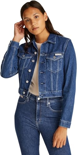 Calvin Klein Veste en Jean Femme Cropped 90'S Denim Trucker avec Poches sur la Poitrine, Bleu (Denim Medium), L