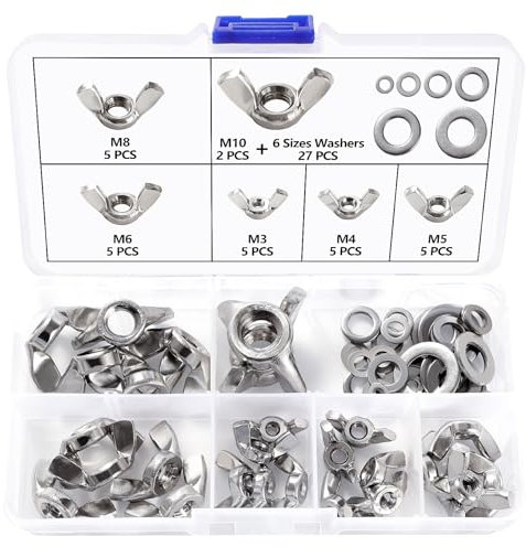Lyeteung 27 Stücke M3/M4/M5/M6/M8/M10 Flügelmutter Set, Edelstahl Wing Nut, Metrische Flügelmutter, mit 27 Stücke Unterlegscheiben, für Heimwerker DIY Tools, Elektronische Geräte Hardware