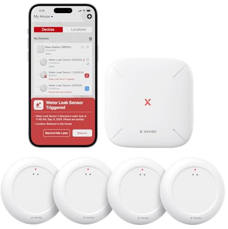 X-Sense Wi-Fi Water Sensor with SBS50 Base Station, Smart Water Leak Detector, App Alerts, IP67 Waterproof, Wireless Detector for Kitchen, Bathroom, Basement, SWS0A41