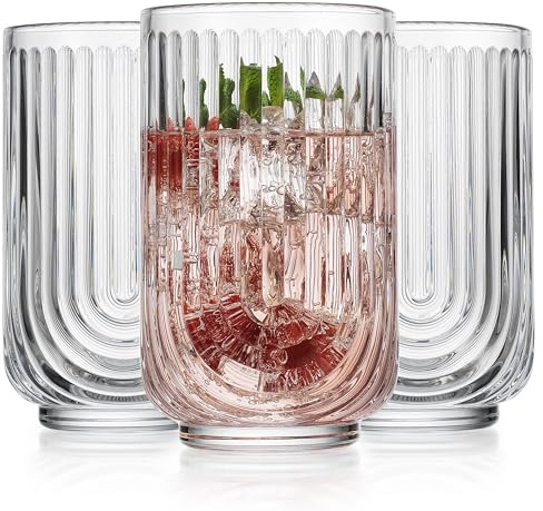 Glaver's dricksglas set med 8. 17 oz vintage dricksglas. Krusning cocktailglas, ribbade dricksglas, Highball-glaskoppar. Bågdesignad art deco glas för vatten juice kaffe.