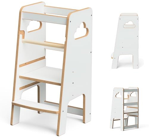 Lernturm für Kinder | ab 1 Jahr | 50kg Tragkraft | Trittschemel | Höhenverstellbar für Kinder | Kitchen Helper | Montessori (Weiß 3)