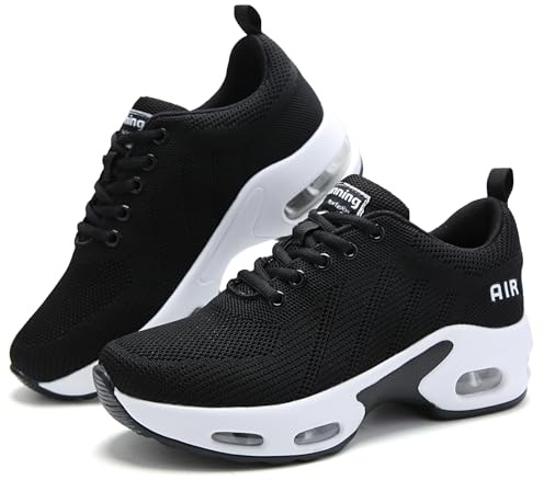 Mioceko Chaussures Femme Basket Running Respirant Légère Chaussure de Marche Sport Coussin d’air Mode Basket Fitness Tennis Gym Orthopédique Sneakers Noir et Blanc 35 EU