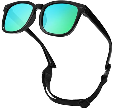 GLARDEFE Polarized Baby Sunglasses with Strap - Unbreakable Flexible Infant Sunglasses for Newborn Toddler Girls Boys Age 0-24 Months(Black/Green Mirror)