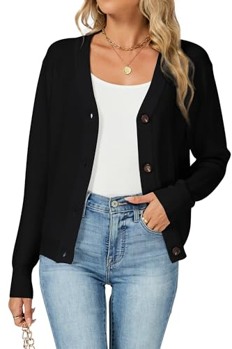 Famrrifuu Gilet Femme Cardigan avec Bouton Col en V Printemps Automne Hiver Manches Longues Veste Tricot Basique Casual Gilets