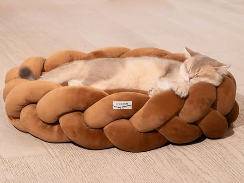 CheerPals Fully Detachable Chunky Knit Cat Bed with Winter Warm Soft Pad, Machine Washable Braided Short-pile Pet Bed for Indoor Cats and Small Dogs, Anti-Collapse Support, 60x60x17cm