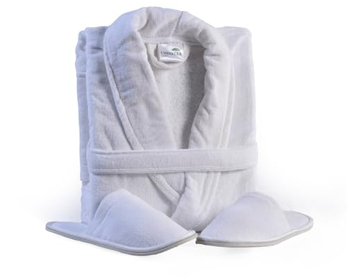 100% Egyptian Cotton Terry Velour Bathrobe & Slippers Set - Luxury Hotel & Spa Unisex Dressing Gown Extra Soft for Men & Women Bath Robes (UK, Alpha, One Size, Regular, Regular, L-XL, White)
