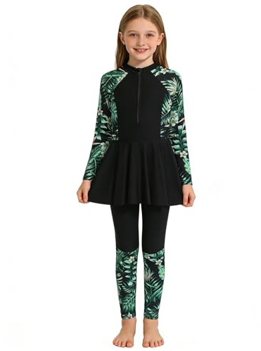 Långärmad Rashguard baddräkt för flickor, tvådelad med dragkedja, långa byxor, solbaddräkt, skydd, snabbtorkande, elastisk, bekväm för utomhusaktiviteter