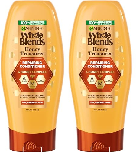 Garnier Whole Blends Honey Treasures Repairing Conditioner, for Dry, Damaged Hair, 22 Fl Oz, 2 Count (Packaging May Vary)