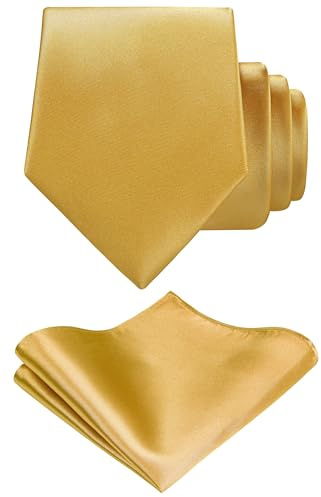 TIE G Solid Satin Woven dyed Color Formal Black Necktie and Pocket Square Sets in Gift Box (Gold)