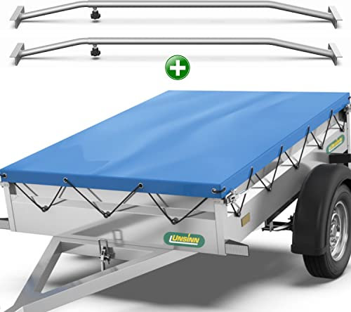 Tarpofix® Anhänger Plane 217 x 117 cm + 2x Planenbügel | Anhängerplane Flachplane aus PVC PLANENMATERIAL | Verstärkte Unsinn Anhänger Plane für 750kg PKW Hänger | Abdeckplane + Flachplanenbügel | Blau