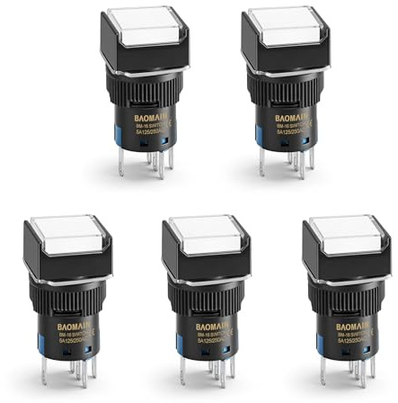 Baomain 5-Pack 16mm (5/8) 12V DC Momentary Push Button Switch with LED,White Square Cap,5-Pin SPDT 1NO+1NC,5A 250V AC