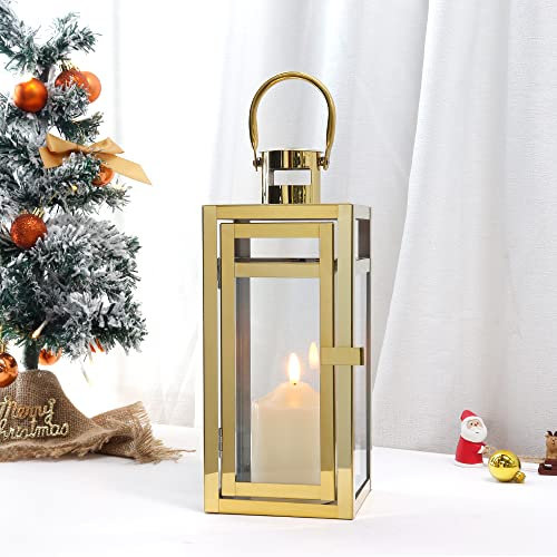 TRIROCKS Stainless Steel Decorative Lantern 30 cm High Metal Candle Holder with Clear Glass Panels Perfect for Home Decor Living Room Parties Events Tabletop Indoors Outdoors (Gold)