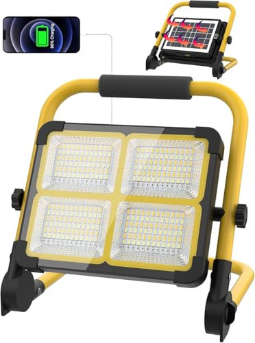 MASMEJOR Baustrahler LED Akku 100W 12000mAh mit Solarpanel & Ständer, 10000 Lumen Superhell, IP53 Wasserdicht, 4 Lichtmodi Arbeitsleuchte für Baustelle, Camping, Garten, Angeln, Garage