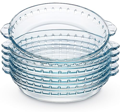 Bokon 6 Pcs 9 Inches Glass Pie Pans Set Round Glass Pie Plate Clear Pie Dish Non Stick Pie Baking Dishes with Handles Wave Edge for Serving Apple Pie Pumpkin Pie Pot Pies Snacks Salads Desserts