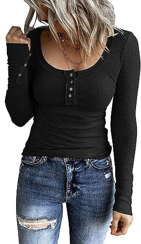 Camiseta de Manga Larga para Mujer Sudadera Jersey Camisa de Punto Acanalado Cuello Redondo Moda Color sólido Blusa Camisas Suelto Tops Casual T-Shirt con Botones