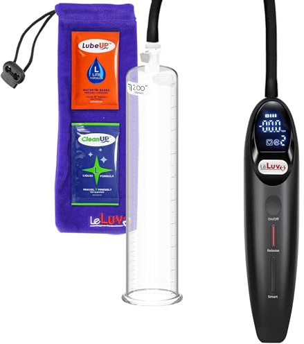 LeLuv Magna Rechargeable Electric Penis Pump - Premium 9 x 2.00 Round Diameter Flange Acrylic Cylinder with LCD Smart Display - Handheld Male Vacuum Pump with Swift-Disconnect Function, Black