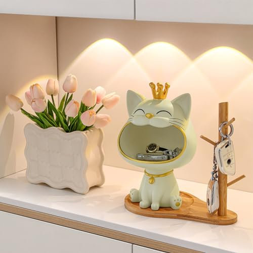 Starnearby Bol Clé Entrée Figurine Chat, Boîte de Rangement pour Clés d'entrée Sculpture Chat en Résine, Statue de Bureau, Plateau Rangement Clés, Statue Vide Poche