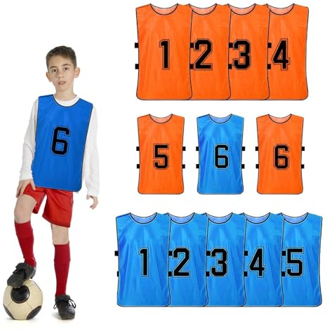 Confezione da 12 bavaglini da calcio, per allenamento sportivo, in rete, reversibili, numerati, per allenamento, calcio, pallavolo, blu e arancione, Blu scuro Arancione, M