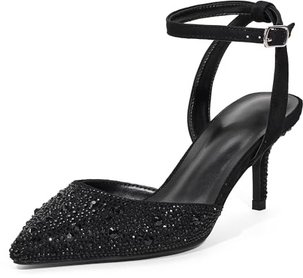 GENSHUO Talons Hauts en Strass de 6,5 cm, Bout Pointu avec Bride à la Cheville, Escarpins élégants, Strass Noir, 40 EU