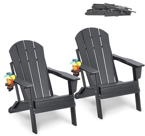 VEVOR Adirondack Plaststolar Set 2, Utomhus Väderbeständiga Bärbara Fällbara Trädgårdsstolar, Mugghållare, Ergonomisk Avkopplande Armstöd, För Gårdsträdgård, Grå