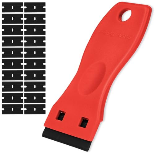 Flintronic Plastic Scraper with 20PCS Plastic Blades, Red, Window Scraper Tool for Glass, Walls, Home Appliances, Metal, Stovetops, Vinyl, Debris, Decals, Signs, Glue, Stickers, Labels, Paint