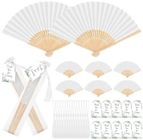 YXSJAS 36 Sets Wedding Fan Gifts for Guests Handheld White Wedding Fans White Paper Handheld Fan with 36 Organza Bags 36 Cards 36 Tassels, Wedding Foldable Hand Fa-n Bamboo Handheld Folded Fa-n