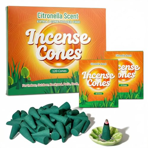 SCENTORINI Citronella Conos de Incienso 120 pcs, Perfumados Natural di Citronella, Limoncillo Regalo de Incienso de Conos, para Interior, Exterior, Camping, Pesca, Jardín, etc