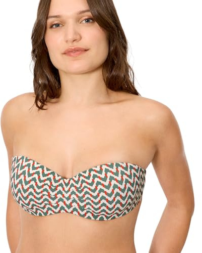 YSABEL MORA. Top Bikini Bandeau Micropiqué Estampado Coral Copas C y D. Top Sin Tirantes con Aro y Relleno. Tirantes Desmontables Anudados al Cuello. Colección Sunset.