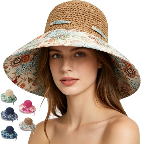 CWENDANER Chapeau de soleil de plage pour femme - Chapeau de paille pliable avec large bord - Chapeau de paille artistique - Chapeau de soleil au crochet