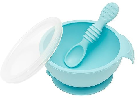 Bumkins First Feeding Set - Bowl With Suction Base, Lid, Spoon, Baby Led Weaning, BPA-Free, Microwave/Dishwasher/Freezer Safe, 100% Silicone, Light Blue