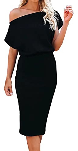 Ezbelle Women's Off The Shoulder Short Sleeve Ribbed Bodycon Casual Summer Party Pencil Dress Black 8-10