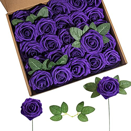 Lansdowns Artificial Flower Foam Rose 25pcs Real Looking Fake Rose with Stems Leaves for Home Decoration Party Garden Centerpieces DIY Wedding Bouquets（Purple）