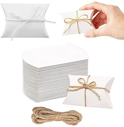 50 Pezzi Scatola Carta Cuscino, Confezione Regalo Cuscino Carta, Scatole a Cuscino Bianche per Regali, Scatola Caramelle Carta Cuscino, con 50 Corde di Iuta, per Matrimonio Festa di Compleanno