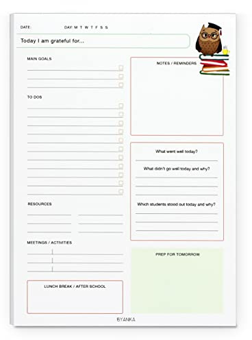 BYANIKA Teacher Daily Organiser - 50 Tear-Off Sheets | Back To School Stationery Supplies | Lesson Planner | Plan Day, Week, Goals, To-Do, Meetings & Activities | Includes Post-Class Reflection Box
