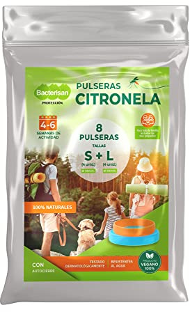 BACTERISAN Pack de 8 pulseras repelente de mosquitos, con citronela, dos tamaños S y L, apto para niños
