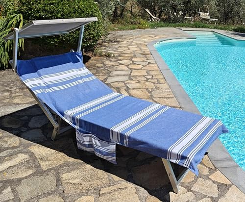 Vico Casa Telo Mare per Lettino 75x195cm in cotone, Blu, con 2 tasche laterali e cuscino con zip/Telo da piscina modello Palau con sacca portatelo certificato OEKO-Tex