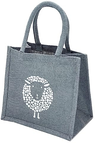 Small Jute Grey Lunch Gift Bag with Sheep Print - 24 cm high x 26 cm Wide x 17 cm Depth