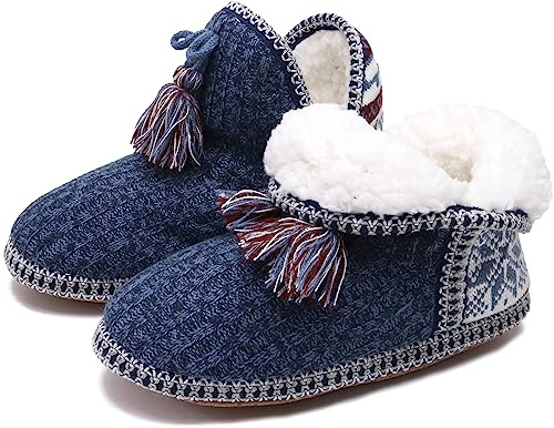 COFACE Zapatillas de casa de piel de cordero para mujer, zapatos de cabaña de invierno, cálidos, mullidas, forradas, pantuflas acogedoras, azul oscuro, 37/38 EU