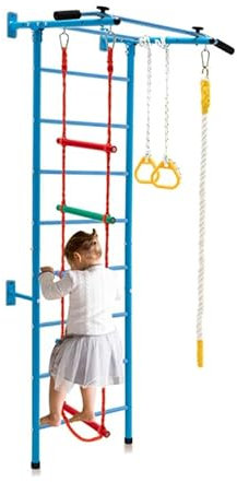 LIFEZEAL Juego de espaldera 4 en 1, Escalera para niños con Barra de dominadas, Anillas, Escalera de Cuerda y Columpios, rocódromo de Metal Infantil, Pared de Gimnasia a Partir de 3 años (Azul)