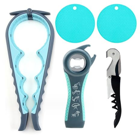 5PCS Multi-Purpose Can Opener Set, 5 in 1 Lid Opener, Beer Bottle Opener, Non Slip Rubber Jar Opener (Grey and Blue)