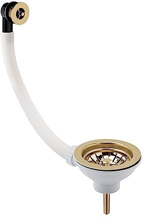 Balterley Kitchen Sink Waste Kit with Basket Strainer & Round Overflow, 1/2 inch Sink Waste Pipe, Stainless Steel Kitchen Overflow Kit, 90mm Standard Fittings - 115 x 115 x 63mm (Brushed Brass)