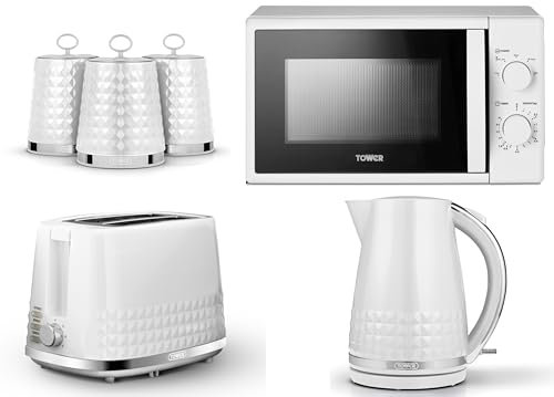 Tower Solitaire White 1.5L 3KW Jug Kettle, 2 Slice Toaster, T24034WHT 700W 20L Microwave & Canisters Set. Matching Modern Design Kitchen Set of 6 in White
