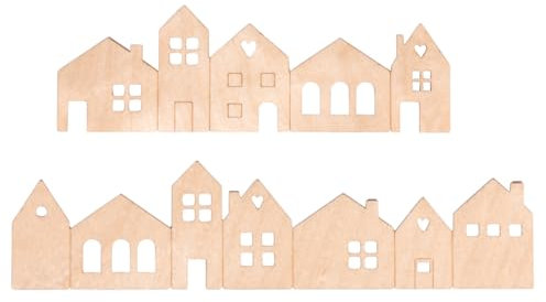 Rayher Holz Silhouette Mini-Häuser, Furnierholz, natur, 4 Häuserreihen, 2 Stück 10,6 lang, 2 Stück 14 cm lang, Höhe 3,4 cm, hauchdünn, Stärke 1 mm, Holzhäuser-Silhouette, 46754505