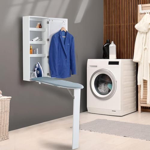 RVUEM White, Hanging Ironing Board with Mirror, Wall Mounted Ironing Board with Storage Cabinet, Built in Ironing Board & Folding Support Leg, for Home, Apartment & Small Spaces